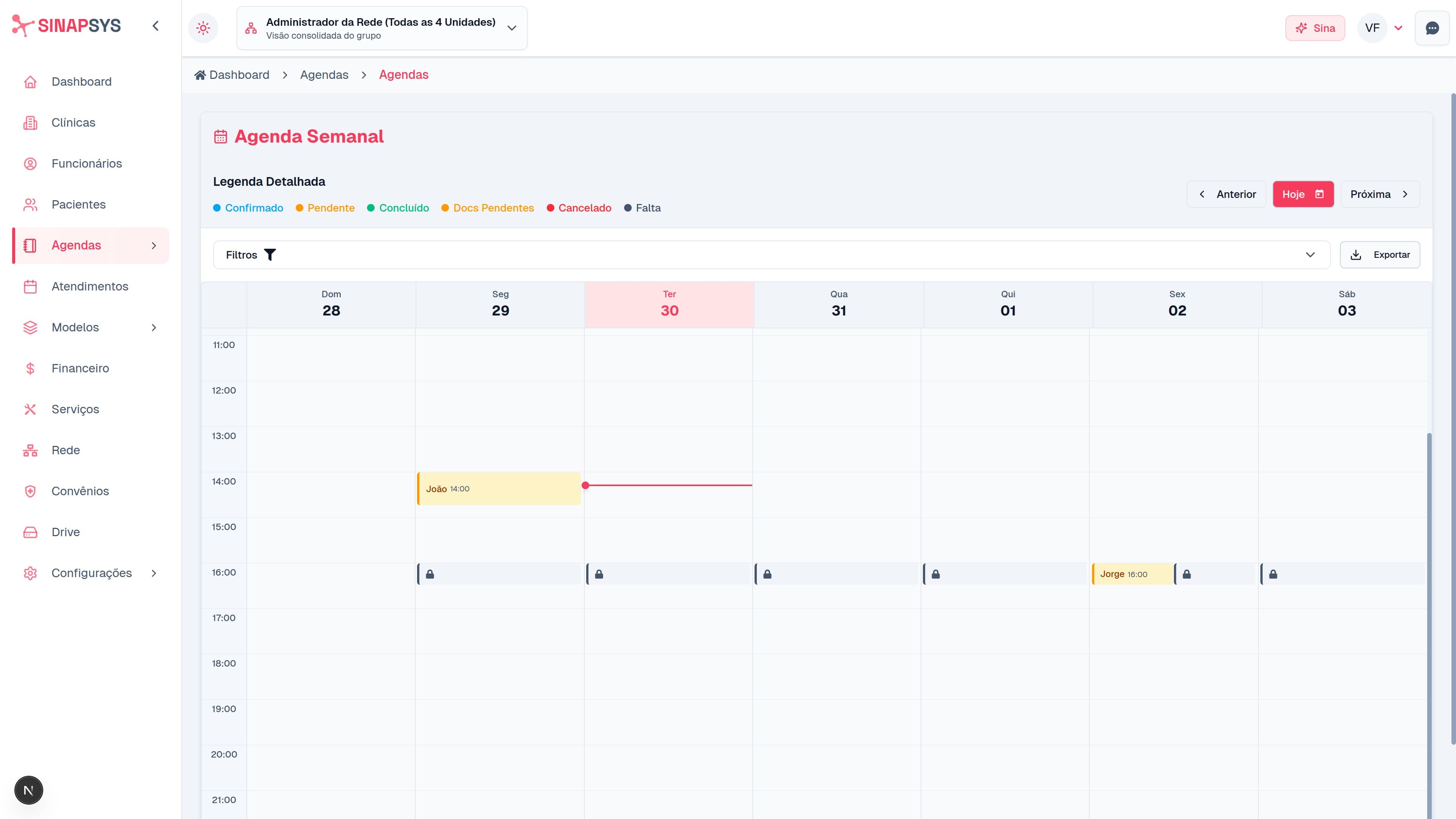 Agenda semanal do SinapSYS organizada para um consultório