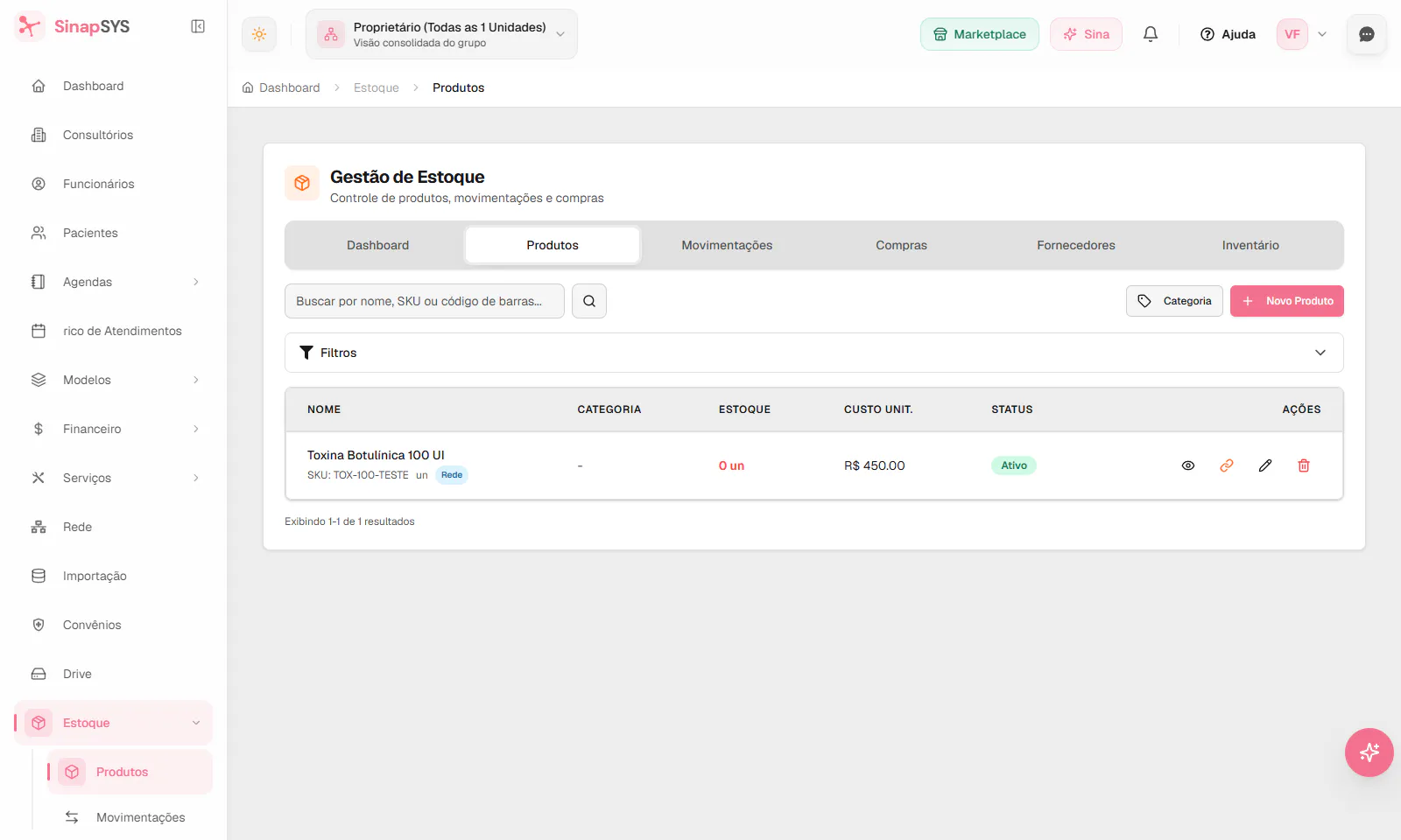 Tela real do módulo de estoque do SinapSYS com lista de produtos e indicadores operacionais