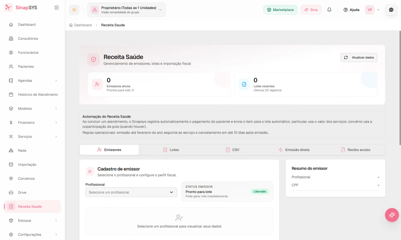 Tela real do módulo Receita Saúde do SinapSYS com indicadores, emissores, lotes, CSV e emissão direta